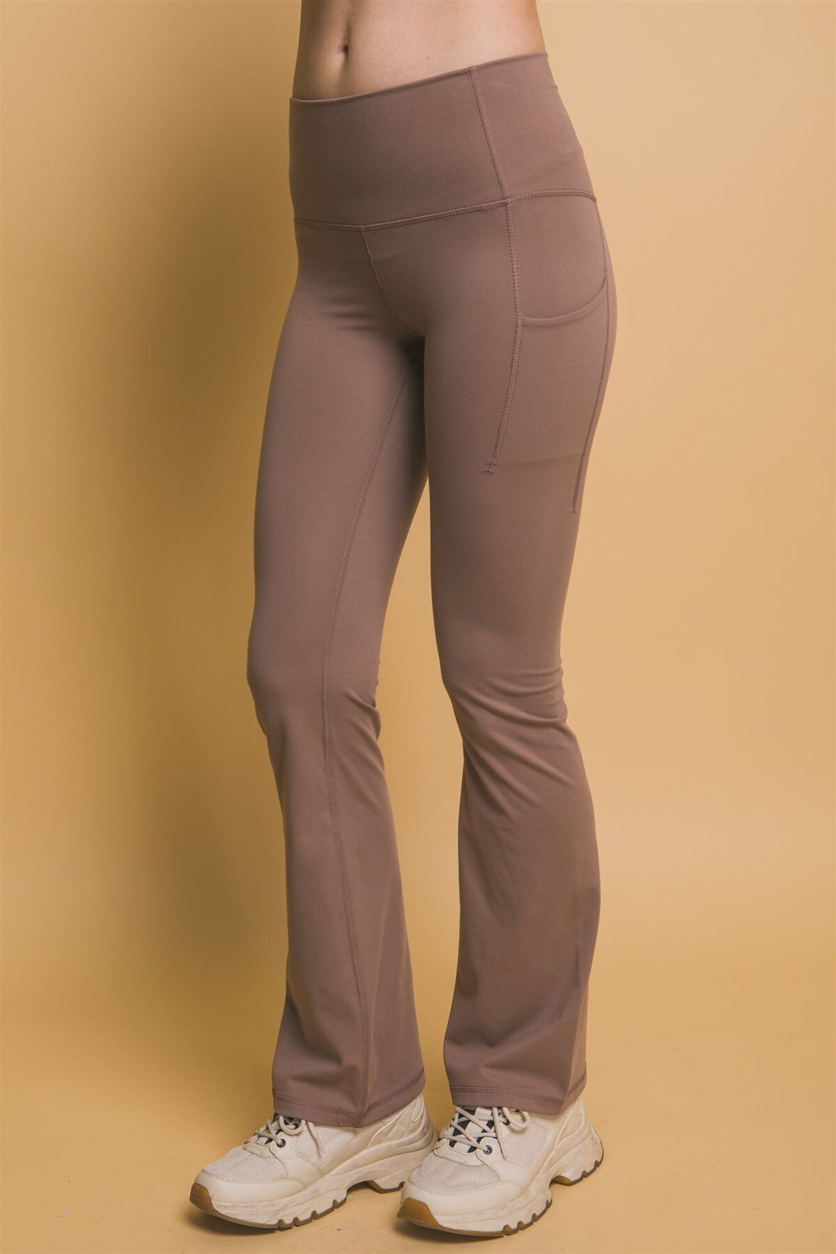 HIGH-WAISTED FLARED LEGGINGS WITH SIDE POCKETS TAN LICRA LOVE TREE