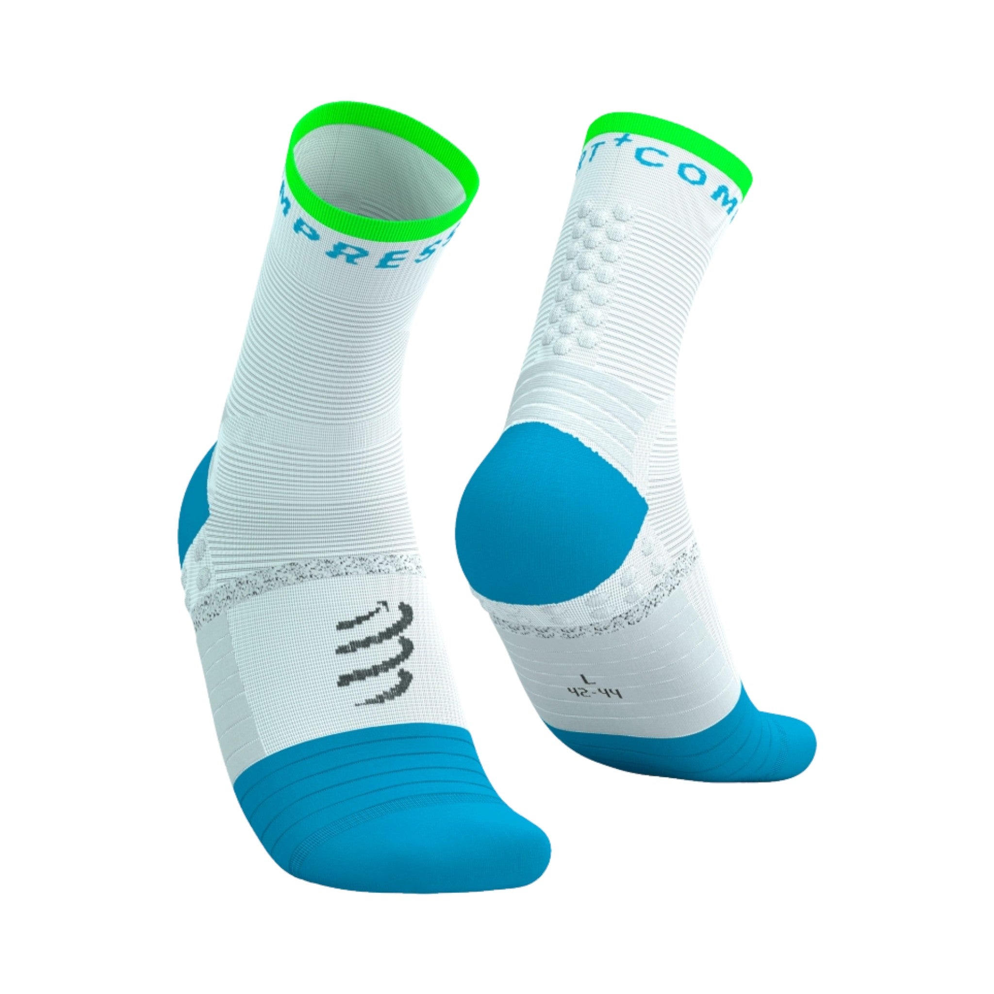 Compressport Pro Marathon Socks White/Norse Blue/NeonGreen #Color_White/Norse Blue/NeonGreen